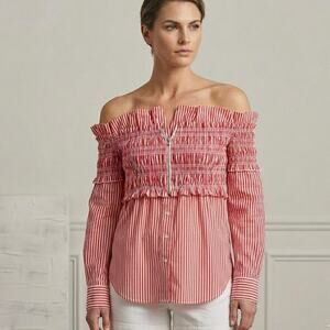 Trouve Blouse XL Red White Striped Off Shoulder Smocked Zip Top Long Sleeve